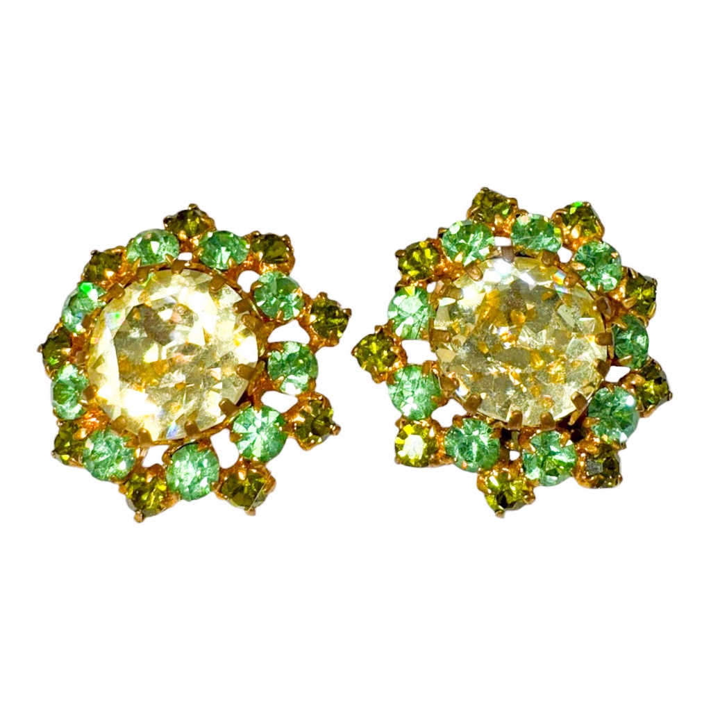 Vintage Green & Citrine Colored Austrian Crystals Clip On Earrings *As Is*